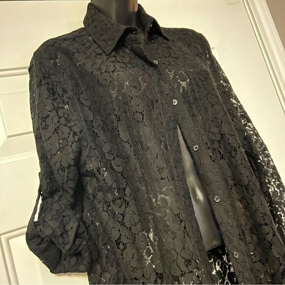 90s Calvin Klein Lace Sheer Black Button Down Tab Sleeve Oversized Tunic Shirt M - Picture 5 of 14